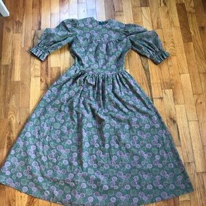 Vintage handmade Prairie Dress green pink Sz small